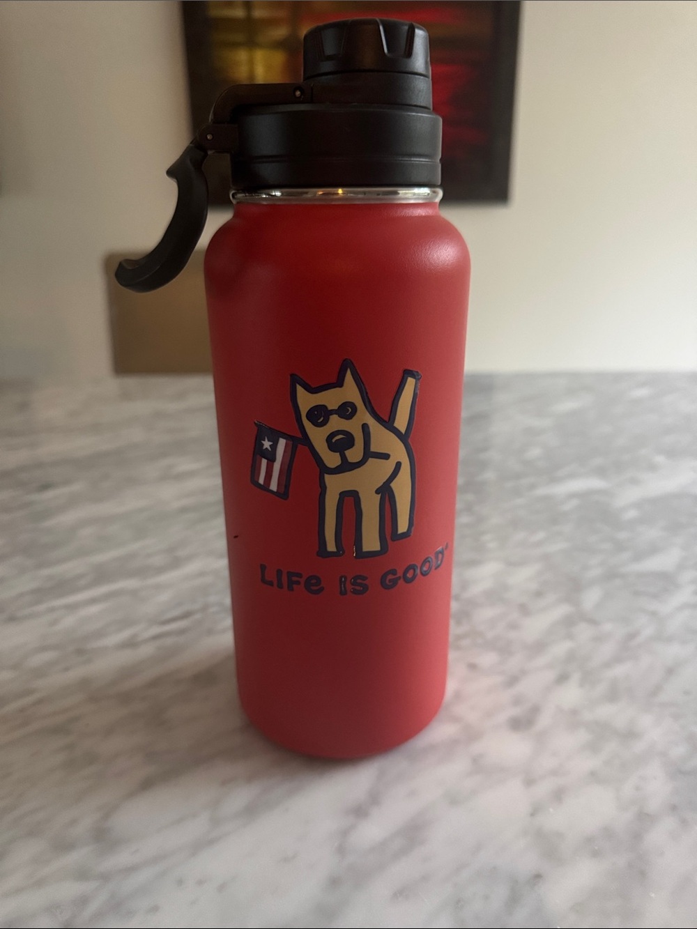 Life Is Good Red Dog Graphic Stainless Bottle with Flip-Top Lid. 32 oz. New.